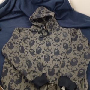 Coach & BAPE Men's Gray Hoodie with Navy Allover Logo Pattern 2xl